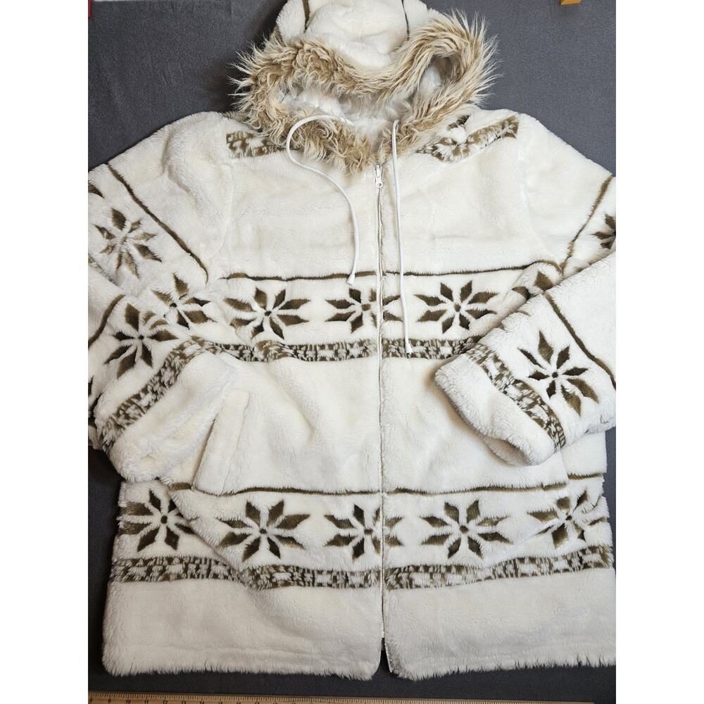 Vintage Jacket Coat Womens Medium - Large White Snowflake Faux Fur With Hood